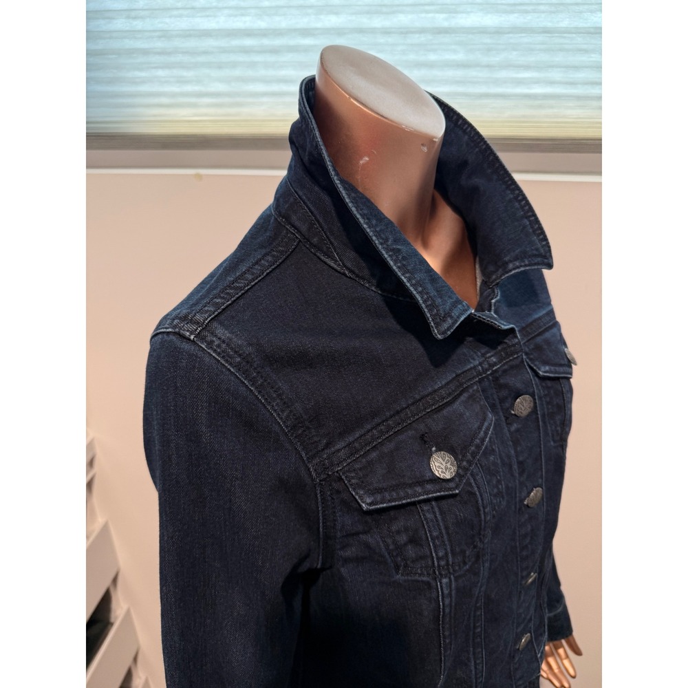 Prana Womens Organic Cotton Denim Trucker Jacket Dark Indigo Blue Workwear/ L - Picture 3 of 6